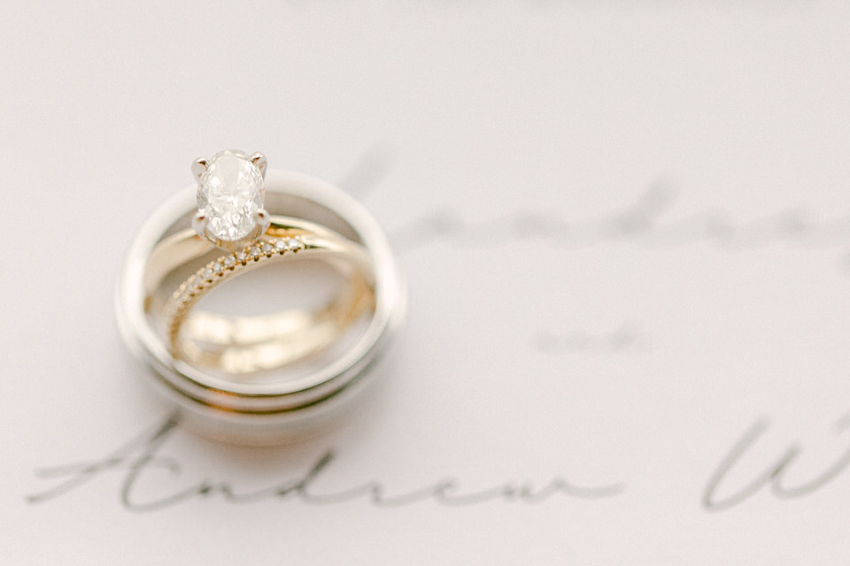 Bride's wedding ring on the wedding invitation.