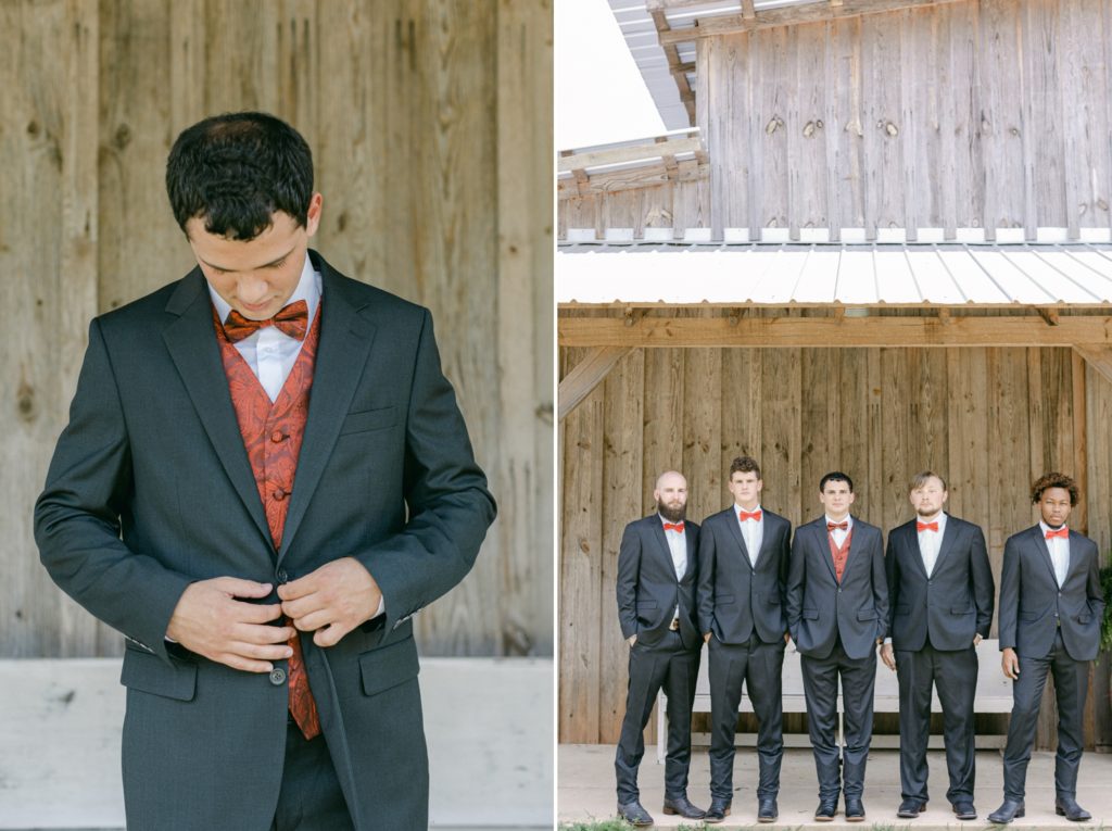 groom and the groomsmen at the meadow wedding barn.