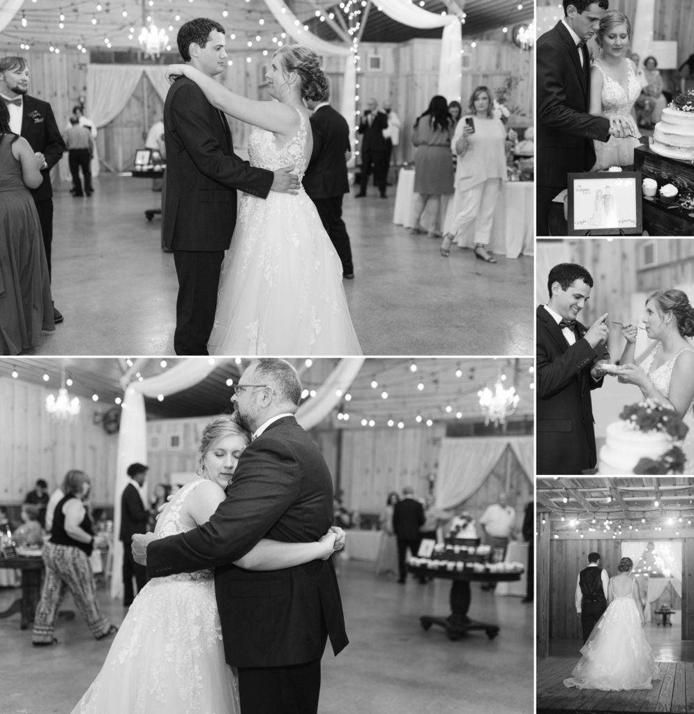 first dances and wedding cake cutting at wedding reception.