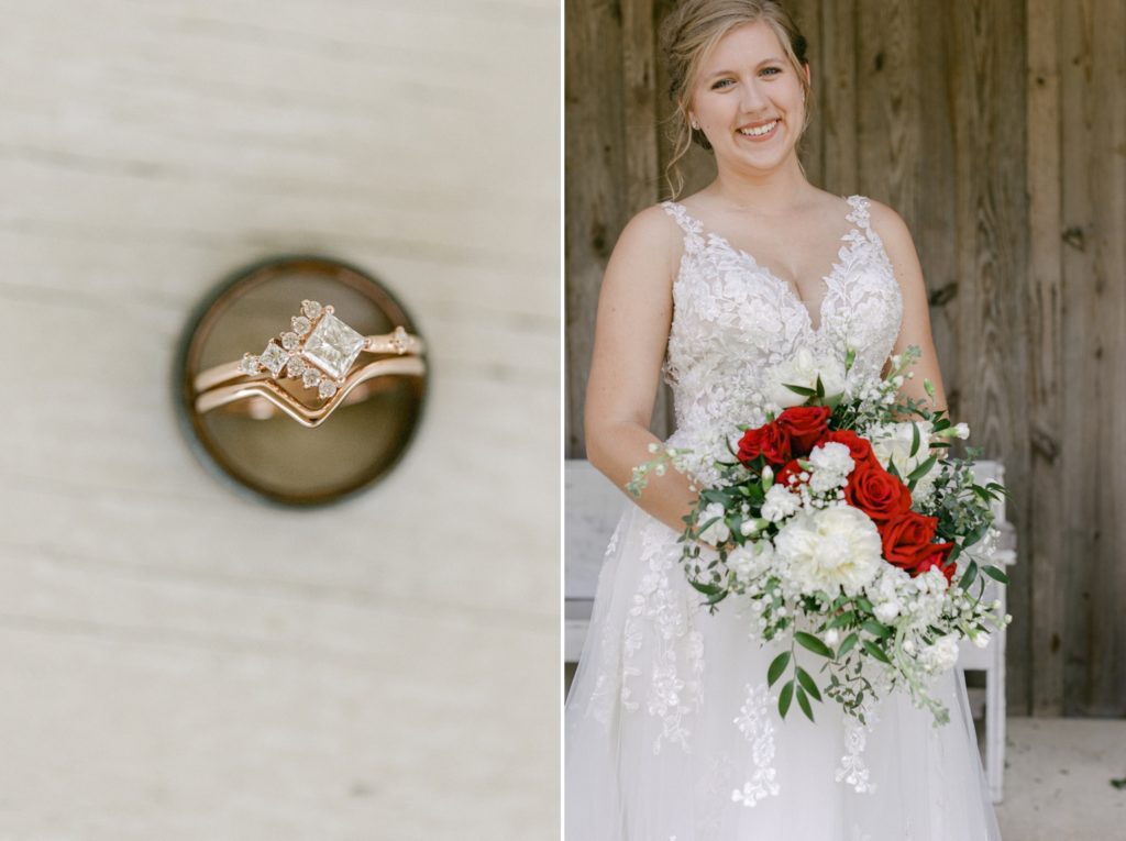 portrait of the bride wearing a morilee wedding gown and her wedding band.